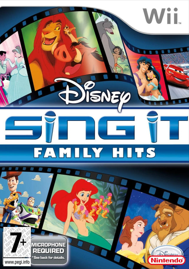 Nintendo Wii Disney Sing It Family Hits, doos voorkant met filmstroken van Disney-films, tweedehands