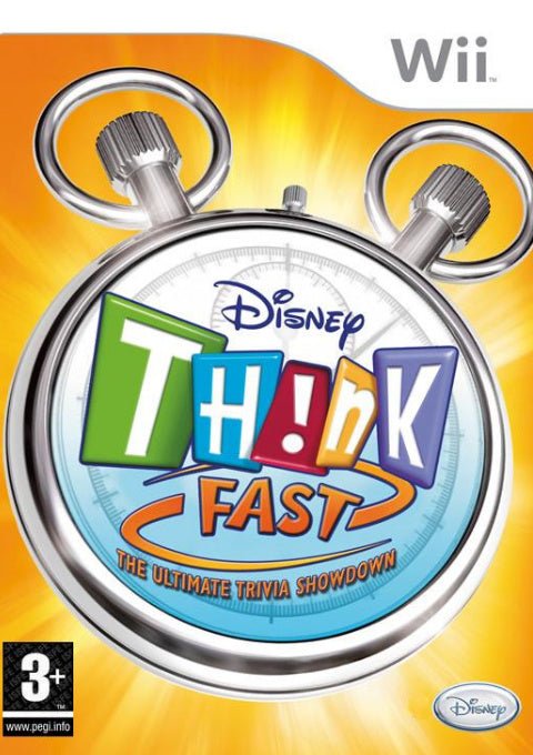 Nintendo Wii Disney Th!nk Fast, oranje doos voorkant met grote stopwatch, tweedehands