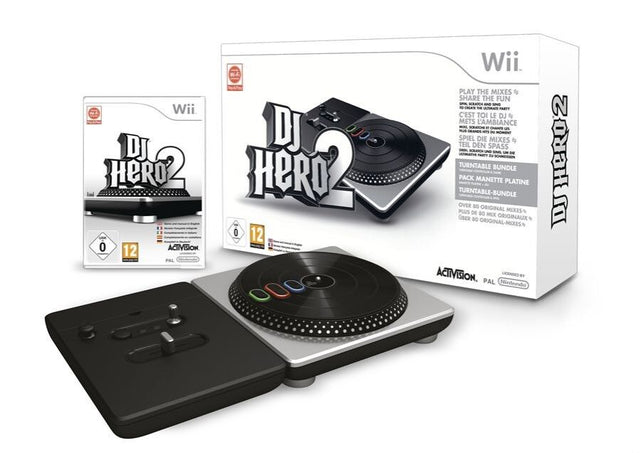 Nintendo Wii DJ Hero 2 met draaitafel, overzicht van bundeldoos, spel en draaitafel