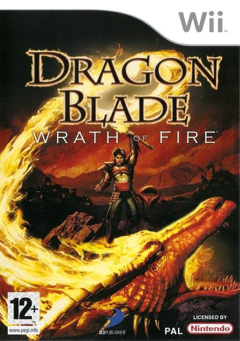 Nintendo Wii Dragon Blade Wrath of Fire van D3Publisher, doos voorkant met strijder en vurige draak, tweedehands