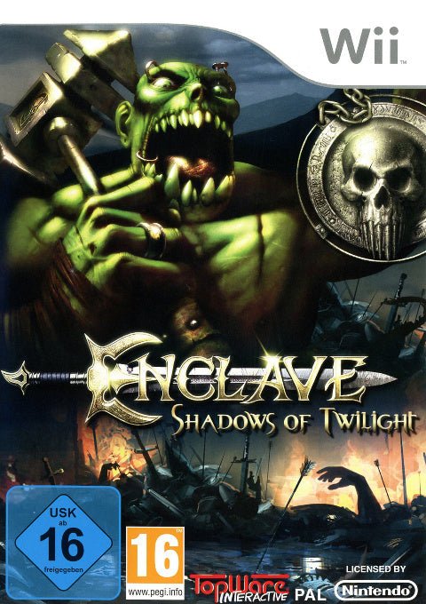 Nintendo Wii Enclave Shadows of Twilight van TopWare, doos voorkant met groene ork en USK-label, tweedehands
