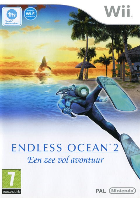 Nintendo Wii Endless Ocean 2 Een zee vol avontuur, doos voorkant met duiker en dolfijn bij zonsondergang, tweedehands