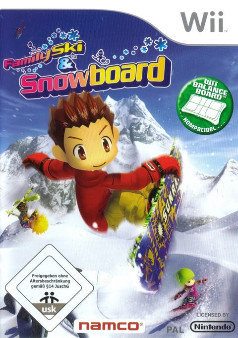 Nintendo Wii Family Ski and Snowboard van Namco, Duitse doos voorkant met snowboarder en USK-label, tweedehands