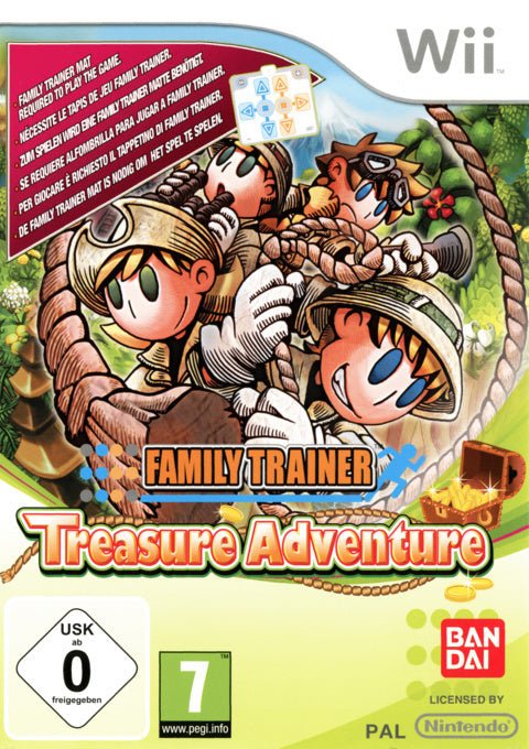 Nintendo Wii Family Trainer Treasure Adventure van Bandai, doos voorkant met avonturiers aan een touw, USK-label, tweedehands