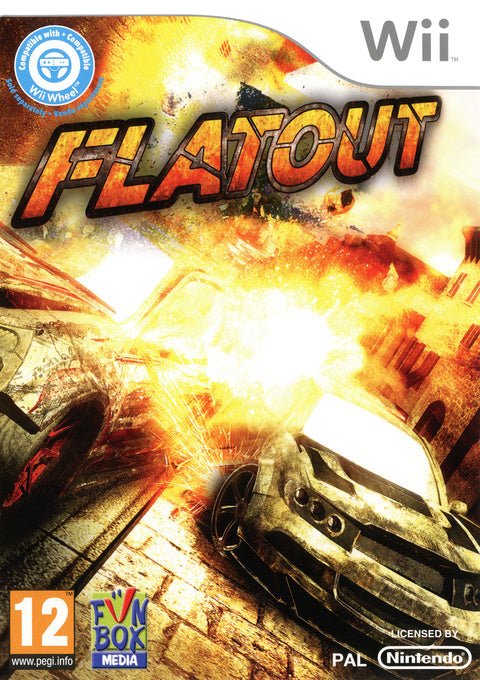 Nintendo Wii FlatOut van Funbox Media, doos voorkant met crashende auto en explosie, tweedehands