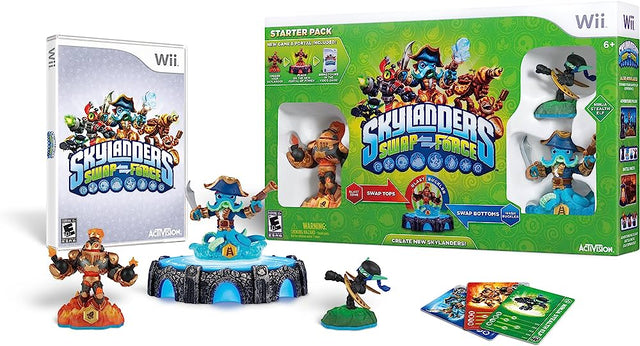 Nintendo Wii Skylanders Swap Force Starter Pack, doos voorkant met portal, drie figuren, spel en kaarten ernaast