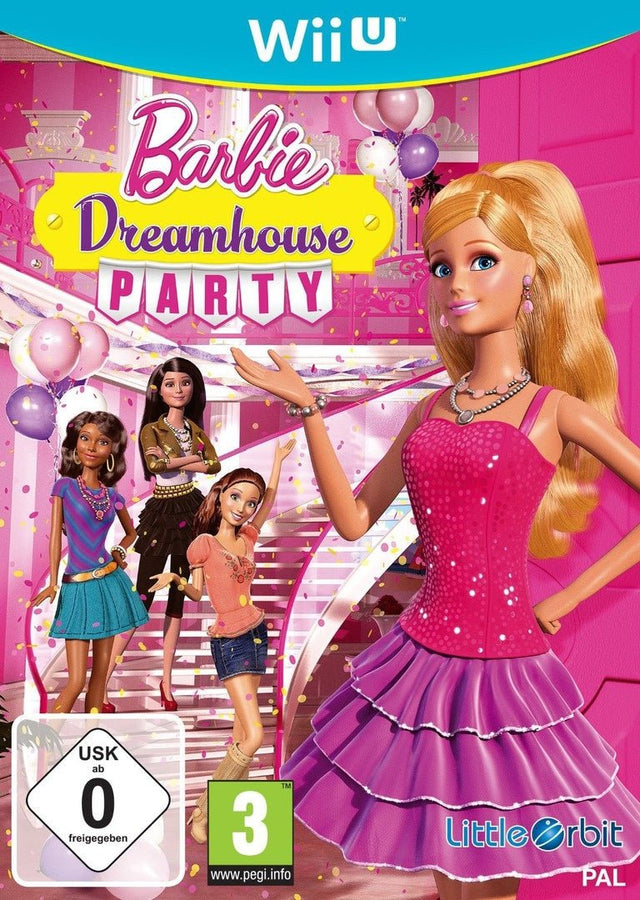 Nintendo Wii U Barbie Dreamhouse Party, hoes met USK- en PEGI-logo, Barbie en vriendinnen op een feest, tweedehands