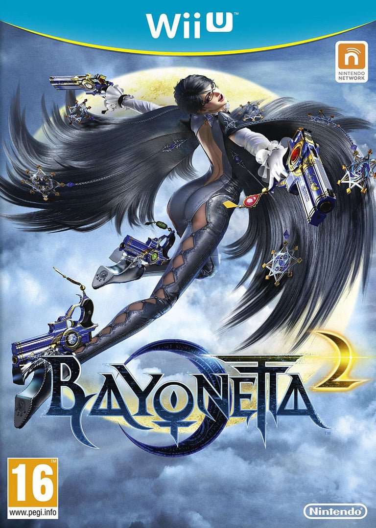 Nintendo Wii U Bayonetta 2 van Nintendo, doos voorkant met Bayonetta met pistolen in de lucht, tweedehands
