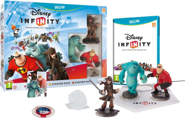 Nintendo Wii U Disney Infinity 1.0 Starter Pack in doos, overzicht van doos, spel, basis en drie figuren, tweedehands