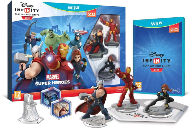 Nintendo Wii U Disney Infinity 2.0 Marvel Super Heroes Starter Pack in doos, overzicht van doos, spel, basis en figuren