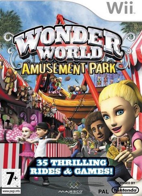 Nintendo Wii Wonder World Amusement Park van Majesco, pretparkgame met 35 attracties en spellen, doos voorkant, tweedehands