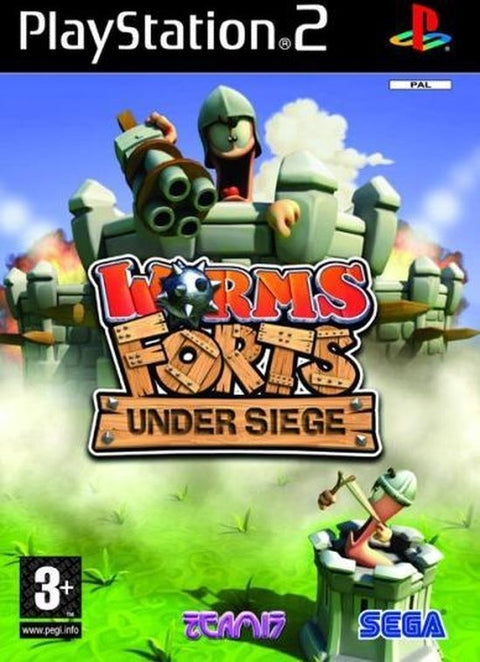 PlayStation 2 Worms Forts Under Siege van Team17 en Sega, doos voorkant met een worm op een kasteel, tweedehands