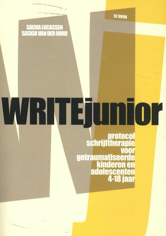 WRITEjunior, Sacha Lucassen en Saskia van der Oord, protocol schrijftherapie, omslag met gele en grijze vlakken, tweedehands