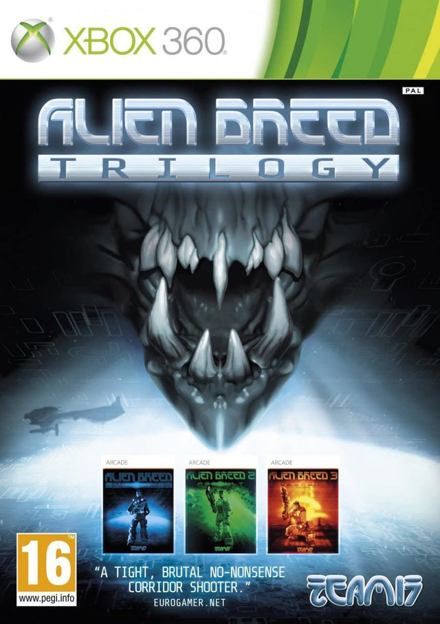 Xbox 360 Alien Breed Trilogy van Team17, shooter met drie delen, doos voorkant, tweedehands