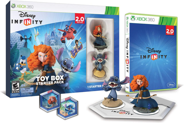 Xbox 360 Disney Infinity 2.0 Toy Box Combo Starter Pack in Amerikaanse ESRB-doos, met spel, basis, Merida en Stitch