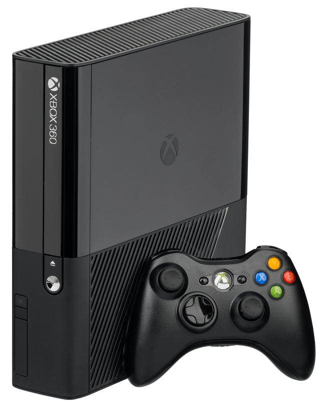 Microsoft Xbox 360 E console, zwart, console rechtop met draadloze controller ervoor, tweedehands