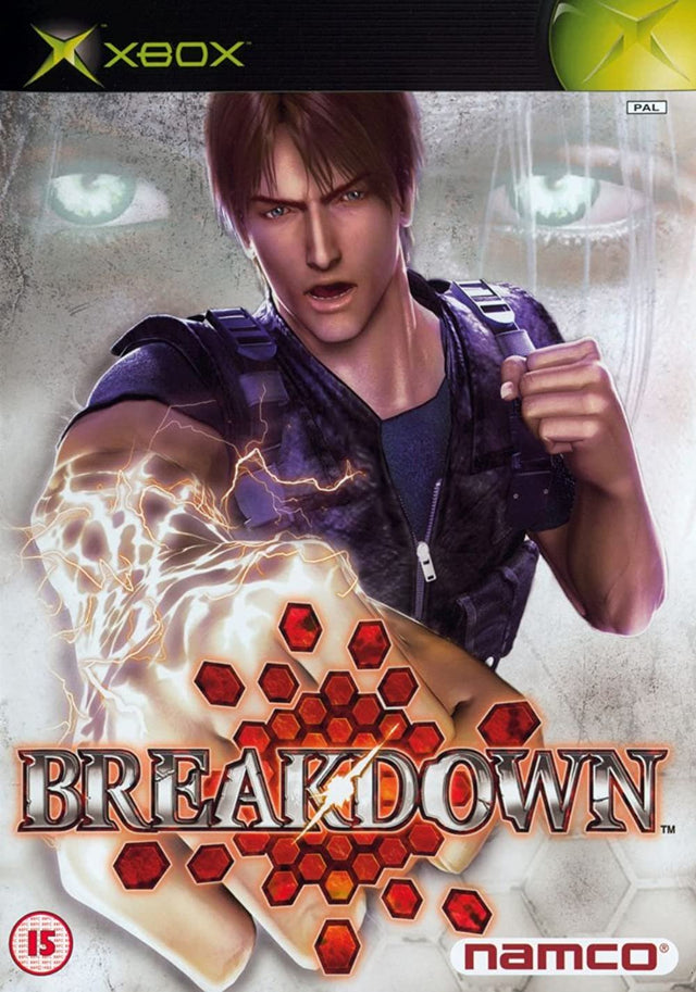 Xbox Breakdown van Namco, Britse hoes met een man die een vuist maakt boven rode zeshoeken, tweedehands