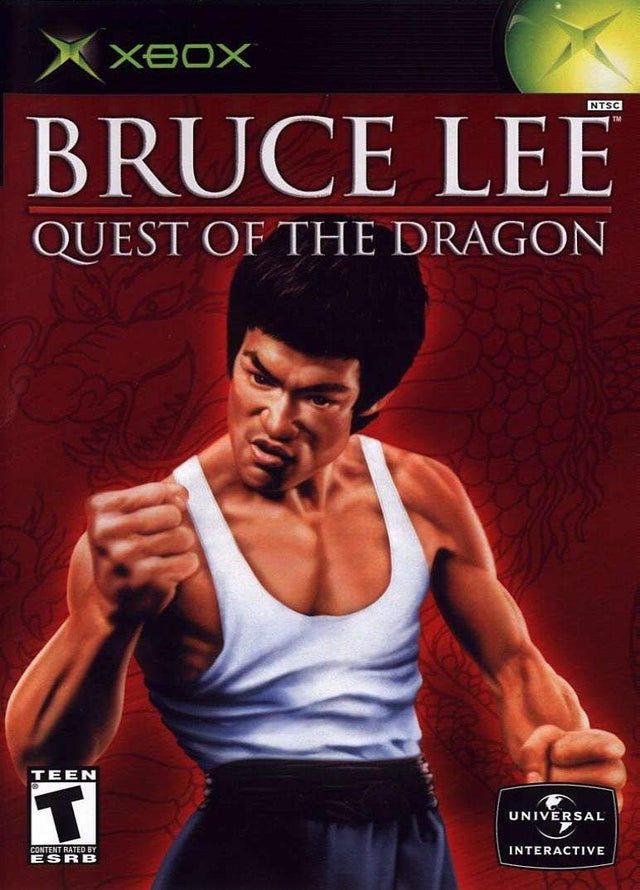 Xbox Bruce Lee Quest of the Dragon van Universal Interactive, ESRB-hoes met Bruce Lee in vechthouding, tweedehands