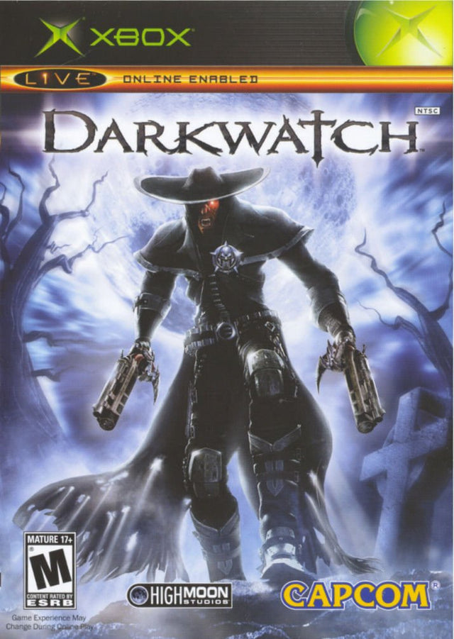 Xbox Darkwatch van Capcom, ESRB-hoes met een cowboy met twee pistolen en een wapperende jas, tweedehands