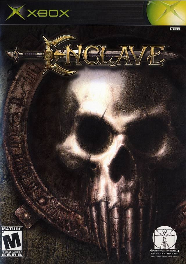 Xbox Enclave van Conspiracy Entertainment, ESRB-hoes met doodshoofd in een helm, tweedehands