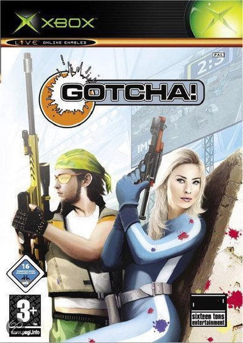 Xbox Gotcha van Sixteen Tons, doos voorkant met een man en een vrouw met paintballgeweren, tweedehands