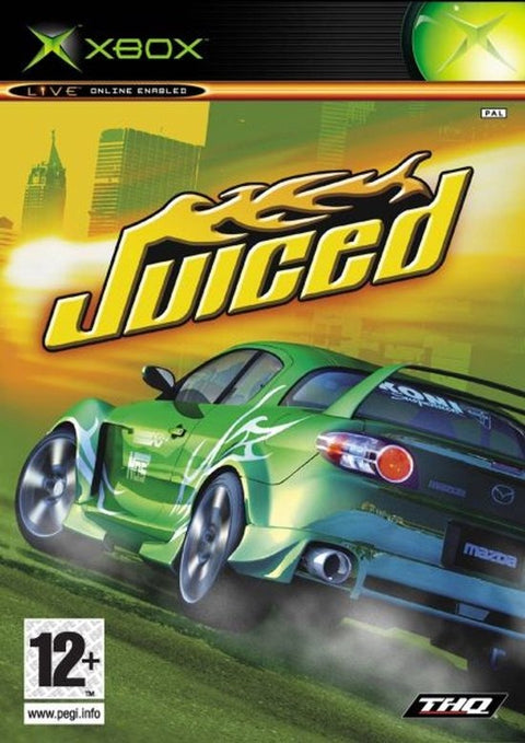 Xbox Juiced van THQ, doos voorkant met een groene sportwagen, tweedehands
