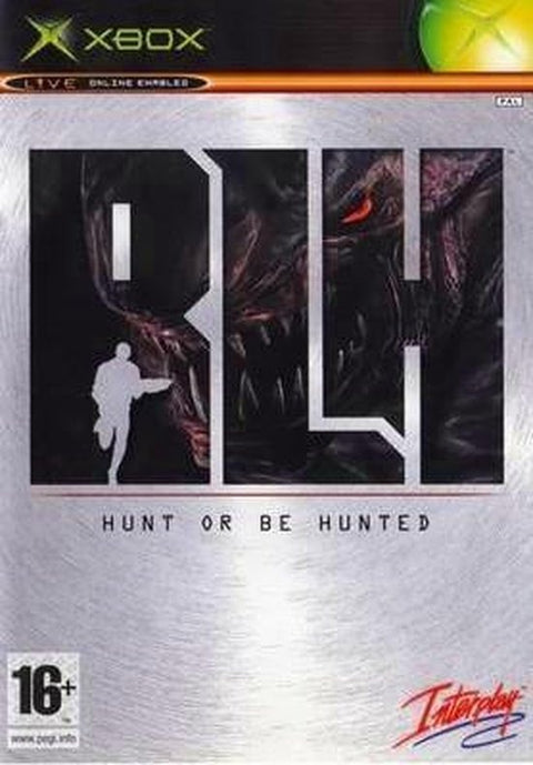 Xbox RLH Run Like Hell van Interplay, doos voorkant met de letters RLH en een rennend figuur, tweedehands