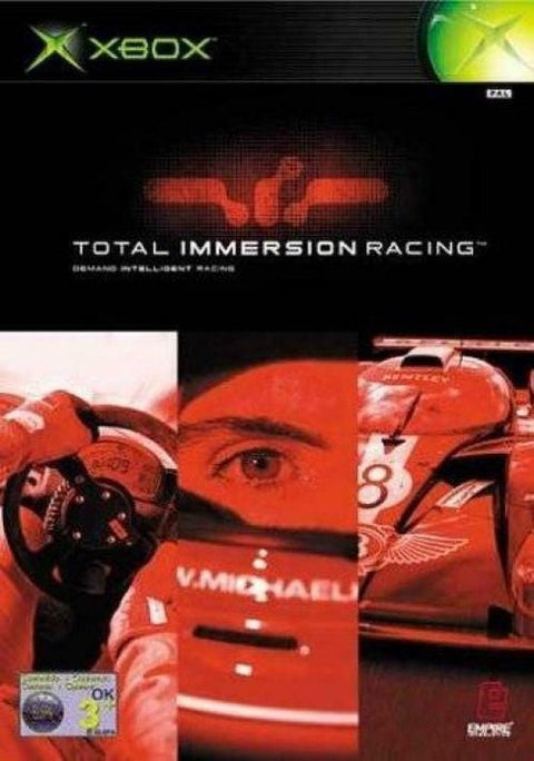 Xbox Total Immersion Racing, rode doos voorkant met een coureur en raceauto's, tweedehands