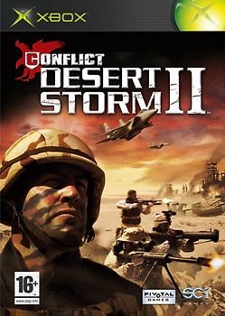 Xbox Conflict Desert Storm II, doos voorkant met soldaten in woestijncamouflage, tweedehands