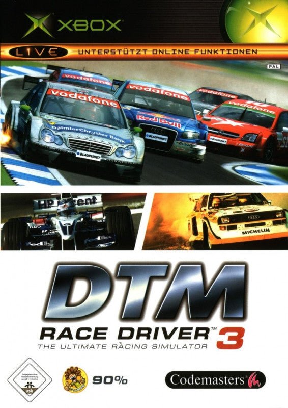 Xbox DTM Race Driver 3, doos voorkant met toerauto's op een circuit, Duitstalige doos met USK-keurmerk