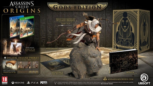 Xbox One Assassin's Creed Origins Gods Edition, overzicht van de inhoud met beeld van een strijder, grote doos en artbook