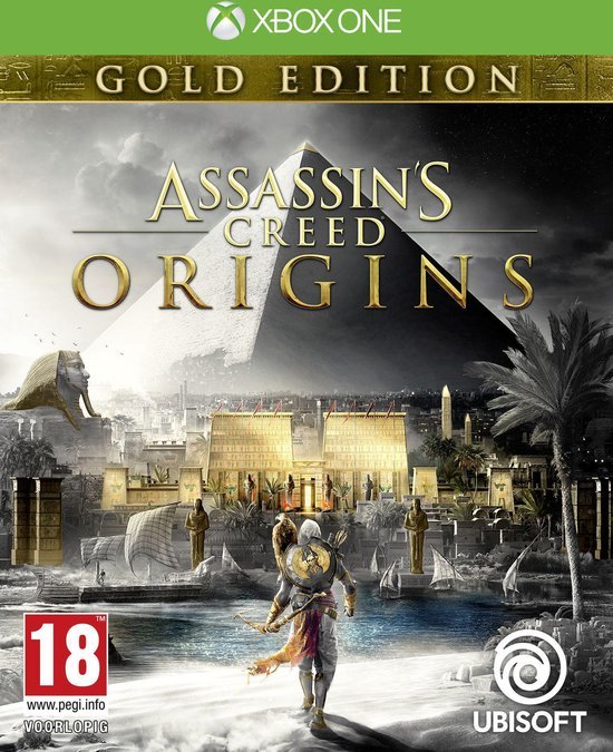 Xbox One Assassin's Creed Origins Gold Edition, doos voorkant met een strijder voor een piramide, voorlopige hoes