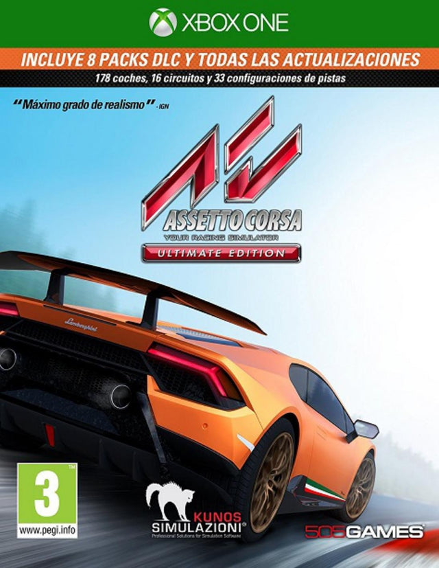 Xbox One Assetto Corsa Ultimate Edition, doos voorkant met een oranje sportwagen, Spaanse uitgave