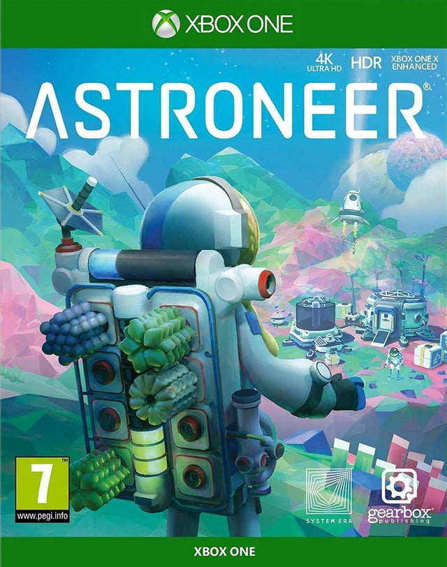 Xbox One Astroneer van Gearbox Publishing, doos voorkant met astronaut met rugzak op een kleurrijke planeet, tweedehands