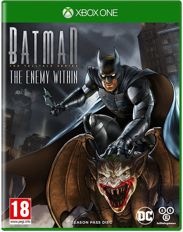 Xbox One Batman The Enemy Within van Telltale Games, doos voorkant met Batman op een grijnzende waterspuwer, tweedehands