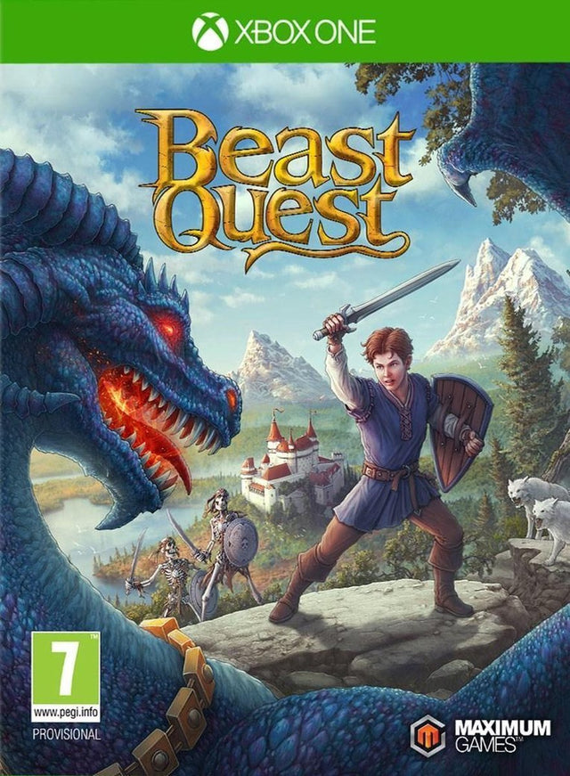 Xbox One Beast Quest, doos voorkant met een jongen met zwaard tegenover een blauwe draak, voorlopige hoes