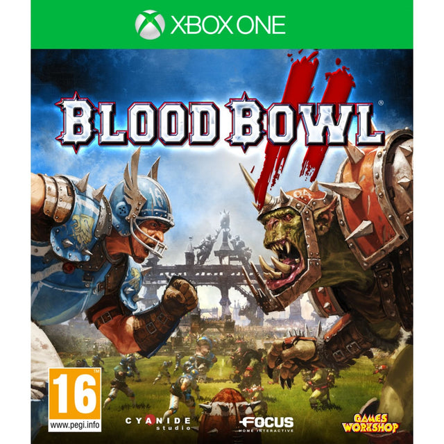 Xbox One Blood Bowl II van Focus Home Interactive, doos voorkant met footballspeler tegenover een ork, tweedehands