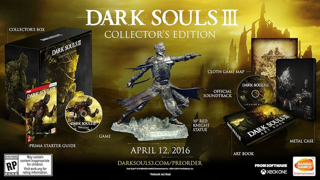 Xbox One Dark Souls III Collector's Edition, overzicht van de inhoud met ridderbeeld, artbook en metalen hoes, ESRB-uitgave