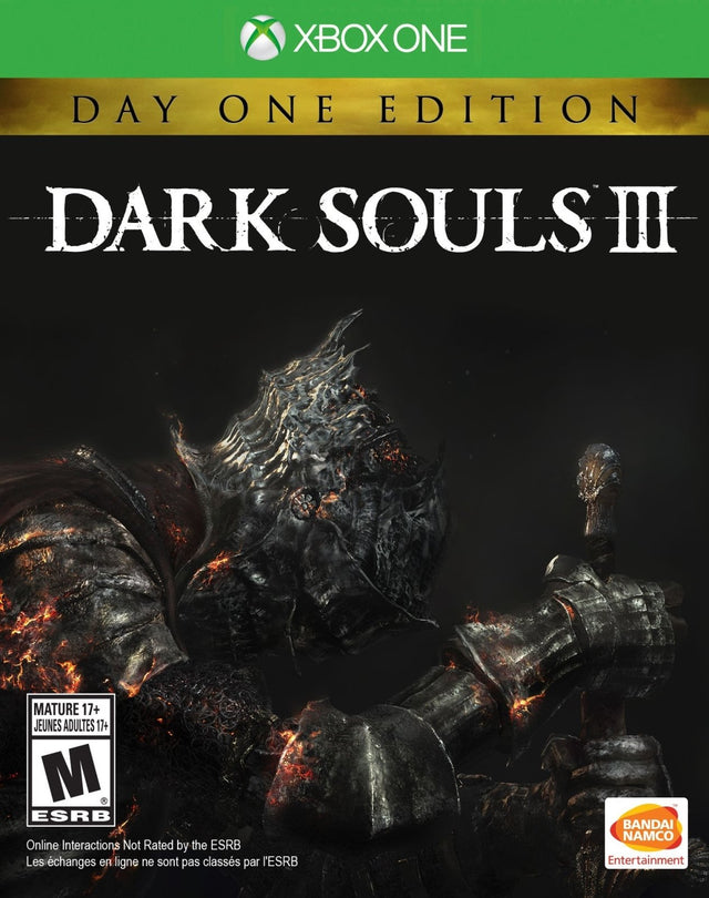 Xbox One Dark Souls III Day One Edition, doos voorkant met een ridder in harnas, Amerikaanse ESRB-uitgave