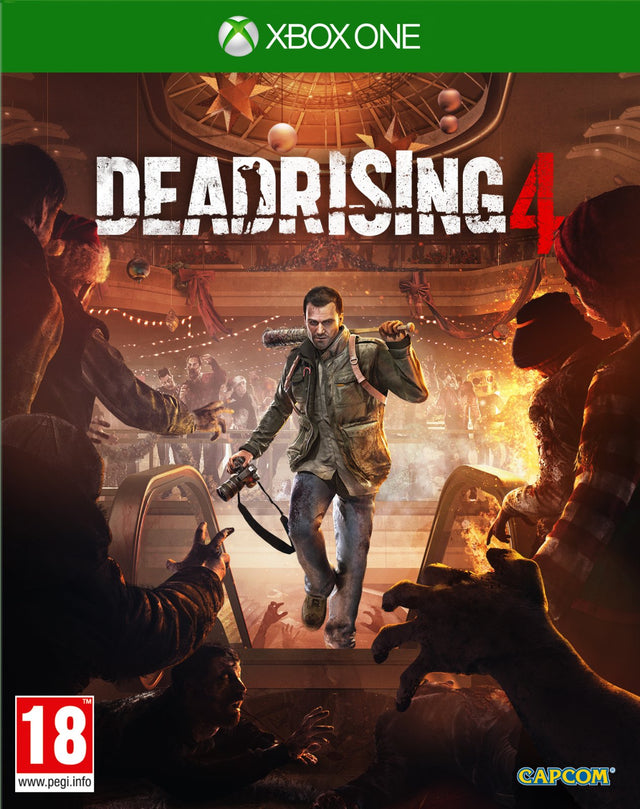 Xbox One Dead Rising 4 van Capcom, doos voorkant met man met camera en knuppel tussen zombies, tweedehands