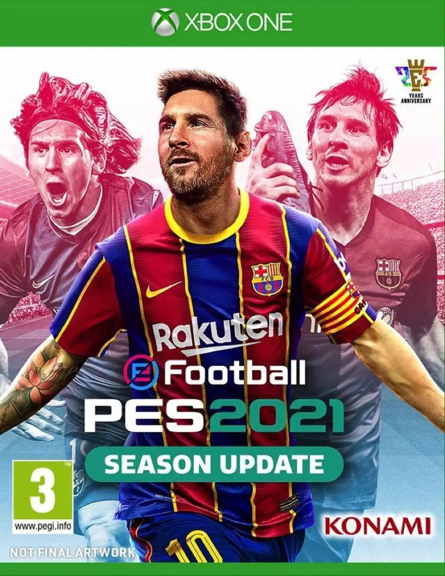 Xbox One eFootball PES 2021 Season Update van Konami, voorlopige hoes met voetballer in Barcelona-shirt, tweedehands