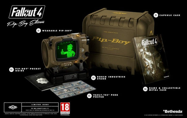 Xbox One Fallout 4 Pip-Boy Edition, overzicht van de inhoud met Pip-Boy, standaard en metalen opbergkoffer