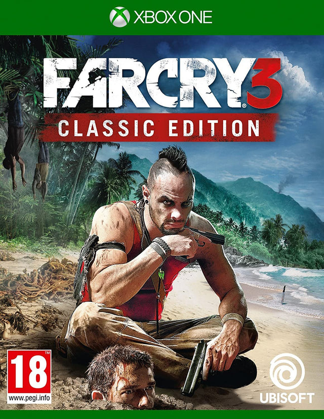 Xbox One Far Cry 3 Classic Edition van Ubisoft, doos voorkant met man met hanenkam en pistool op het strand, tweedehands