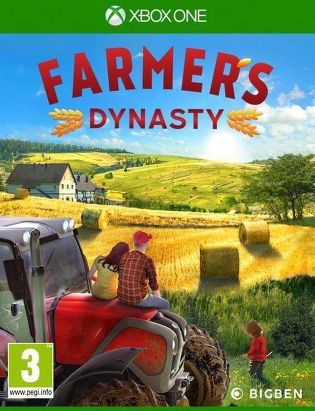 Xbox One Farmer's Dynasty van Bigben, doos voorkant met rode tractor en graanveld