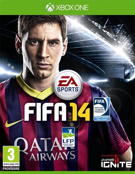 Xbox One FIFA 14 van EA Sports, voorlopige hoes met voetballer in rood-blauw shirt en LFP-logo, tweedehands
