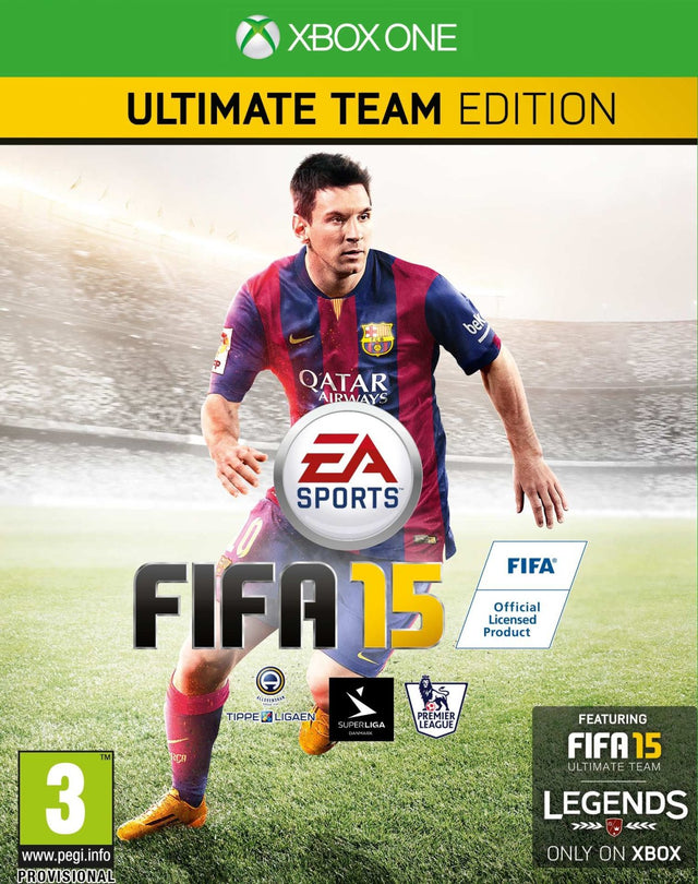 Xbox One FIFA 15 Ultimate Team Edition van EA Sports, voorlopige hoes met voetballer in rood-blauw shirt, tweedehands
