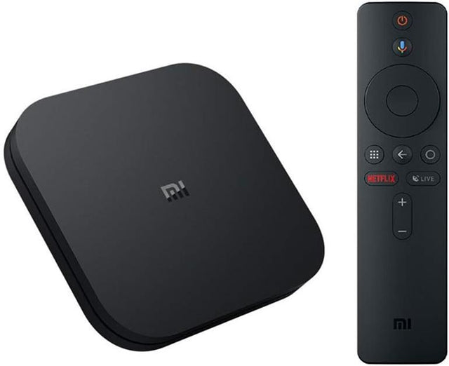 Xiaomi Mi Box S 4K HDR Android TV box MDZ-22-AB, zwart, met afstandsbediening ernaast, tweedehands