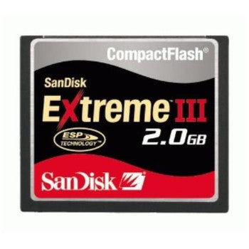 SanDisk Extreme III CompactFlash 2.0GB geheugenkaart, zwart met rood en zilver, voorkant met opschrift 2.0GB