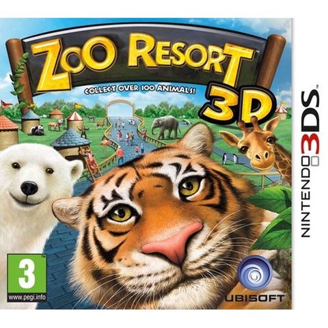 Nintendo 3DS Zoo Resort 3D van Ubisoft, doos voorkant met een tijger, ijsbeer en giraf, tweedehands