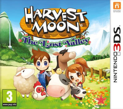 Nintendo 3DS Harvest Moon The Lost Valley van Rising Star Games, doos voorkant met boeren en dieren, tweedehands